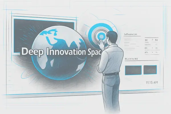 Eine Person steht vor einem großen Bildschirm, auf dem eine Weltkugel sowie der Text 'Deep Innovation Space' angezeigt.