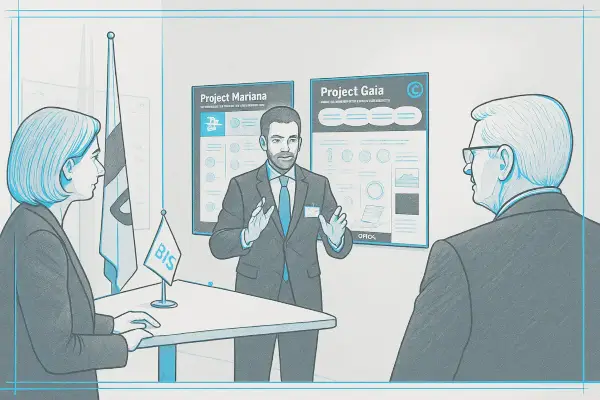 An einem Tisch stehend drei Personen bei einer Besprechung